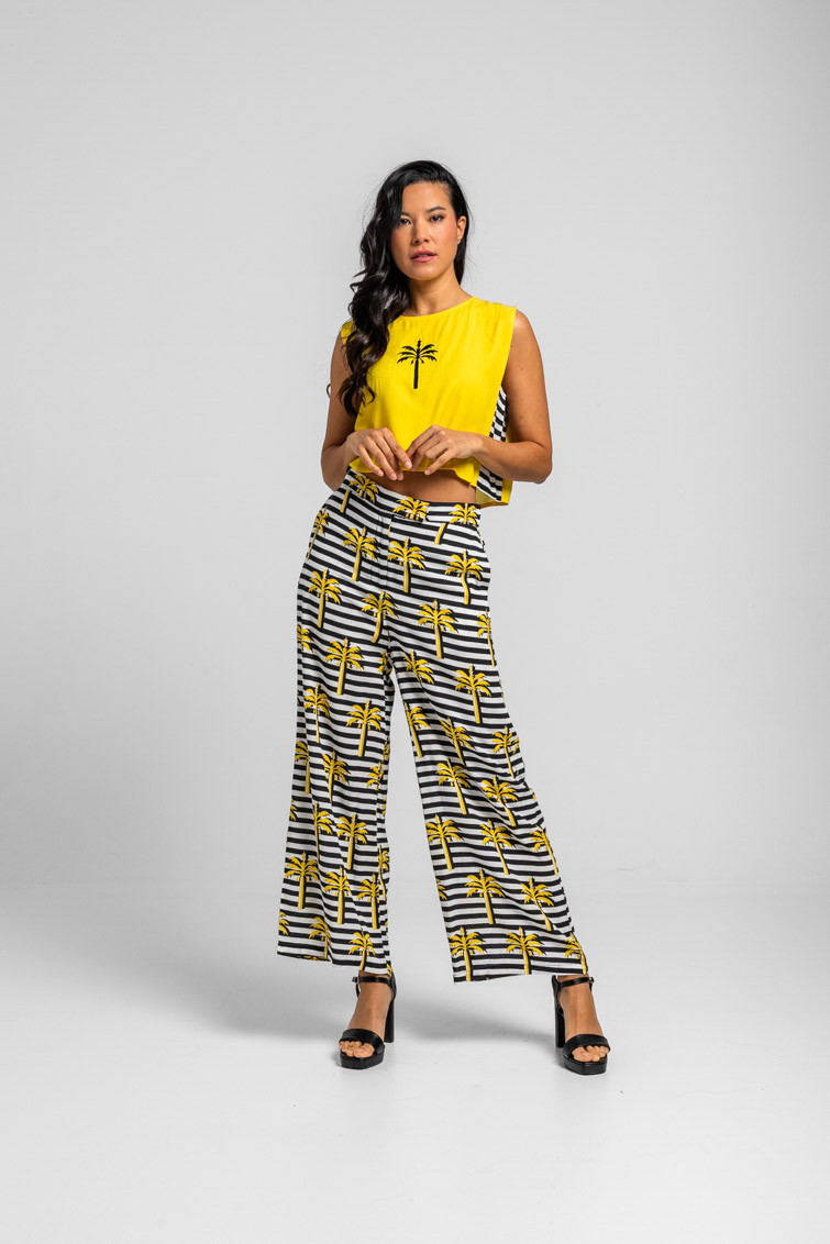 Pantalón culotte de palmeras amarillas y raya blanca y negra - La Faraona - Imagen 2