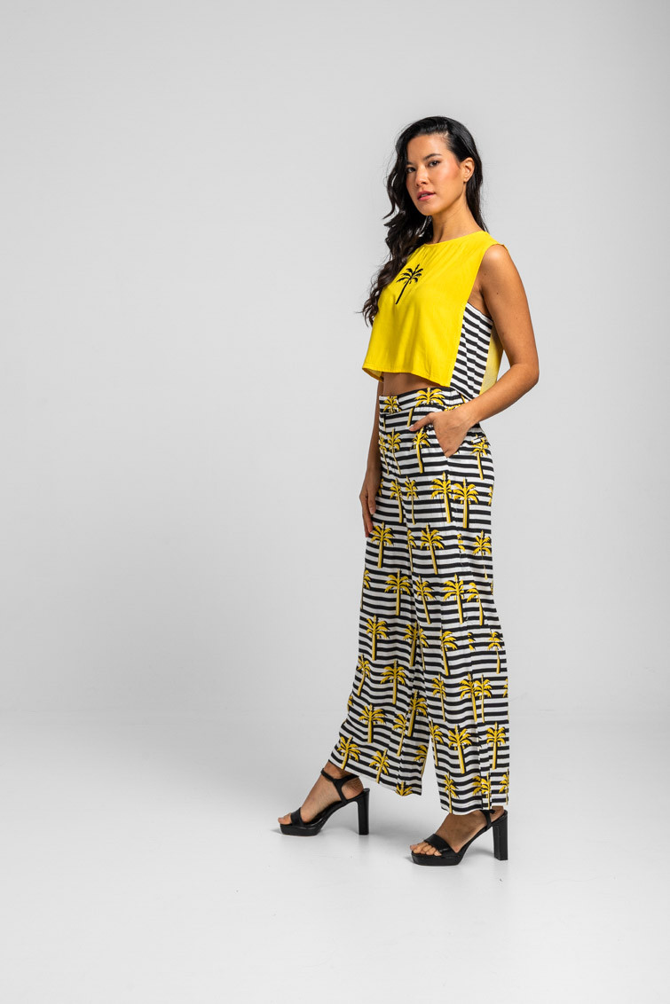 Pantalón culotte de palmeras amarillas y raya blanca y negra - La Faraona - Imagen 3