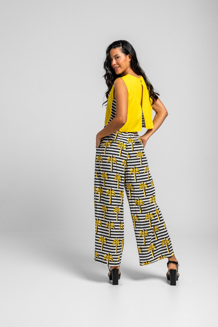 Pantalón culotte de palmeras amarillas y raya blanca y negra - La Faraona - Imagen 4