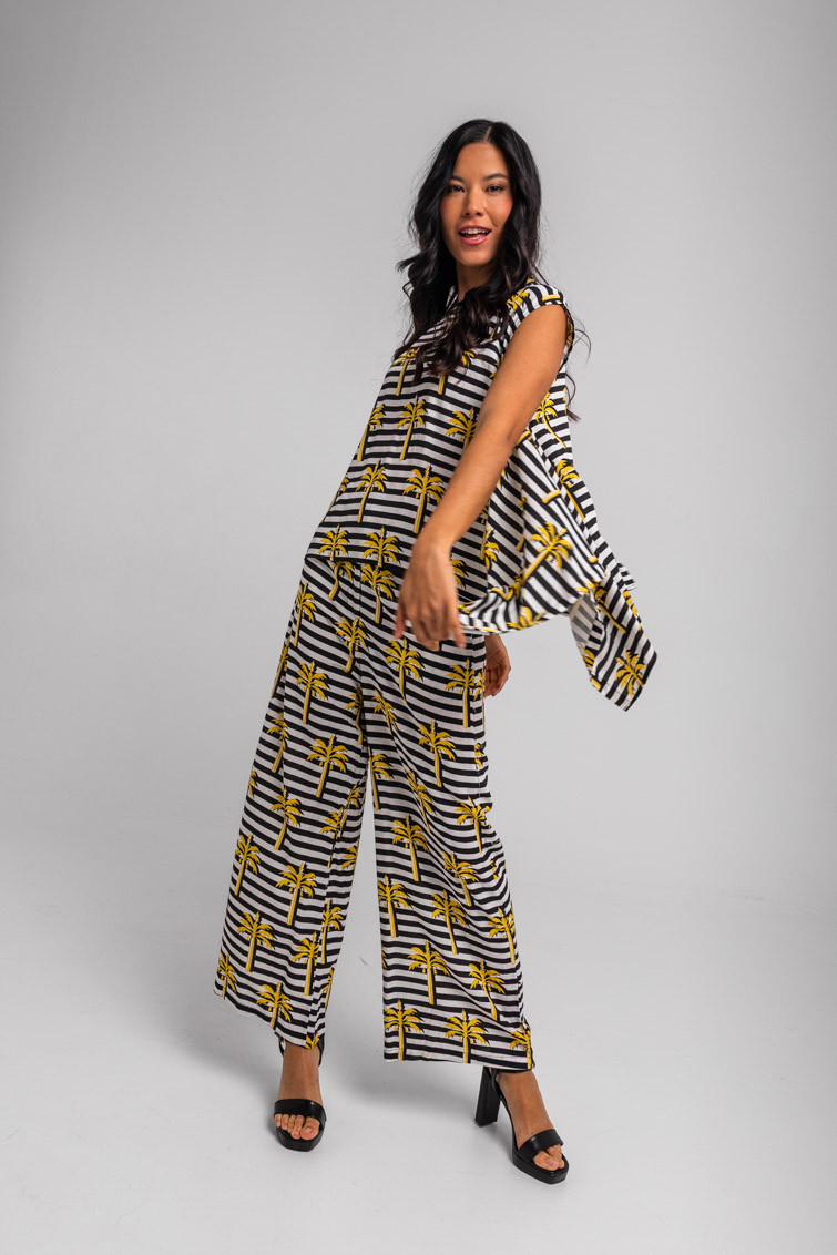 Pantalón culotte de palmeras amarillas y raya blanca y negra - La Faraona