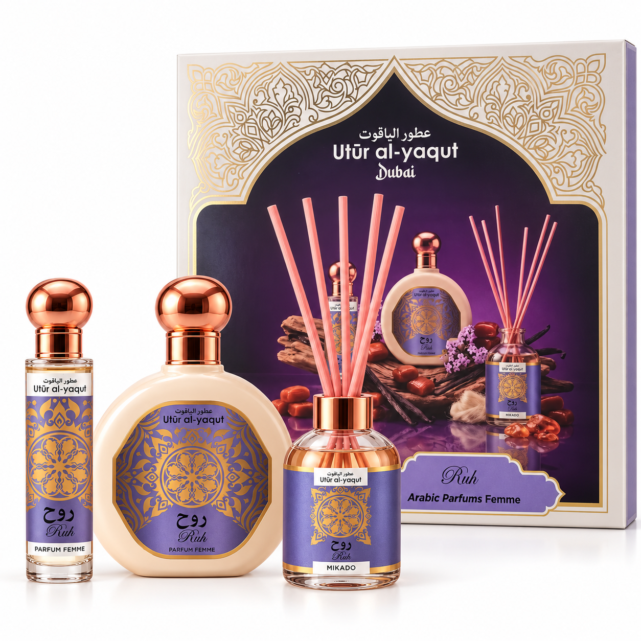 SAPHIR Utur Al-Yaqut RUH Eau de Parfum oriental cítrica para mujer 100 ml + mini vaporizador 30 ml + mikado / Estuche