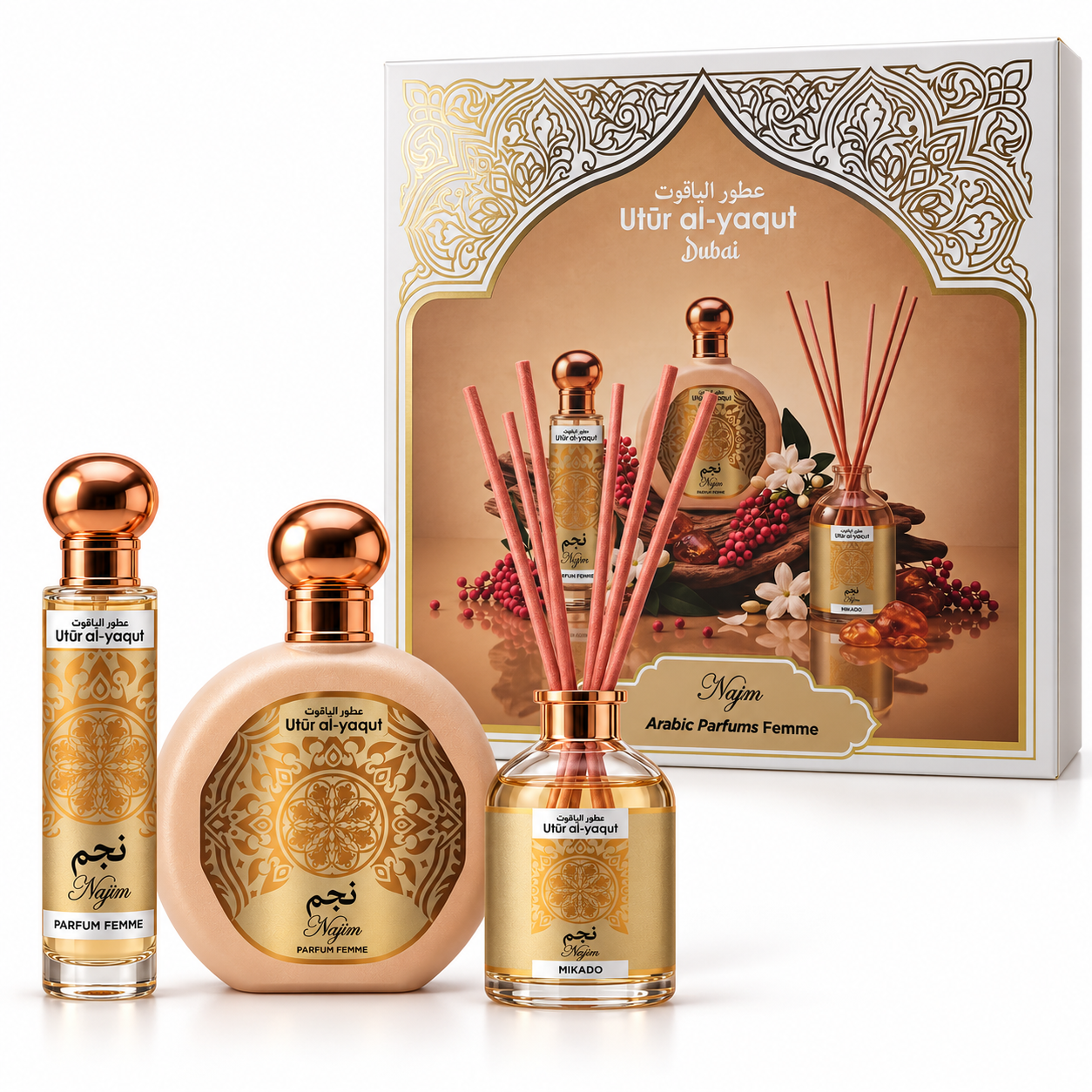 SAPHIR Utur Al-Yaqut Najm Eau de Parfum oriental para mujer 100 ml + mini vaporizador 30 ml + mikado / Estuche